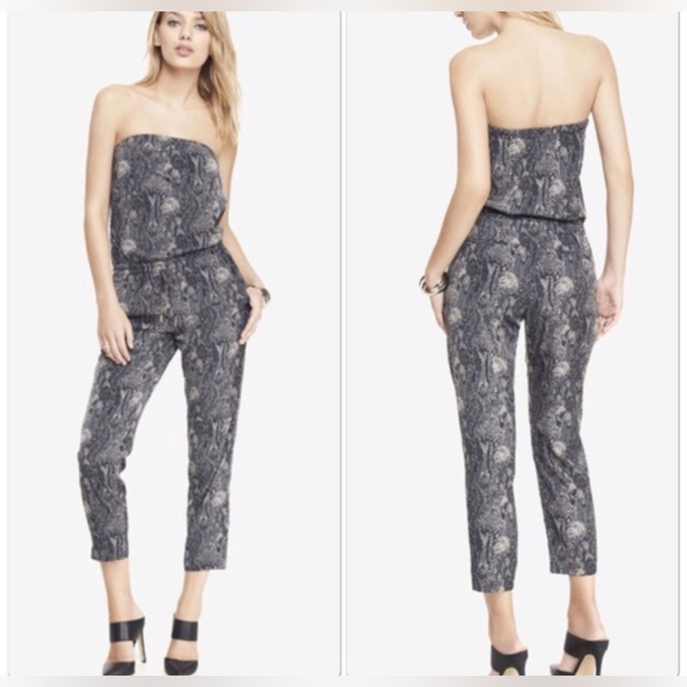 (B2) NWT Express Gray Black Snake Print Strapless Tube‎ Drawstring Jumpsuit XS